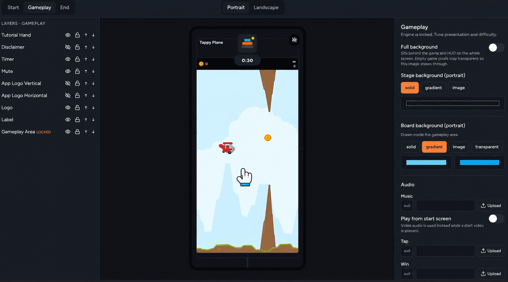 Forge Playable editor — customize a Tappy Plane playable with layers, branding, and export